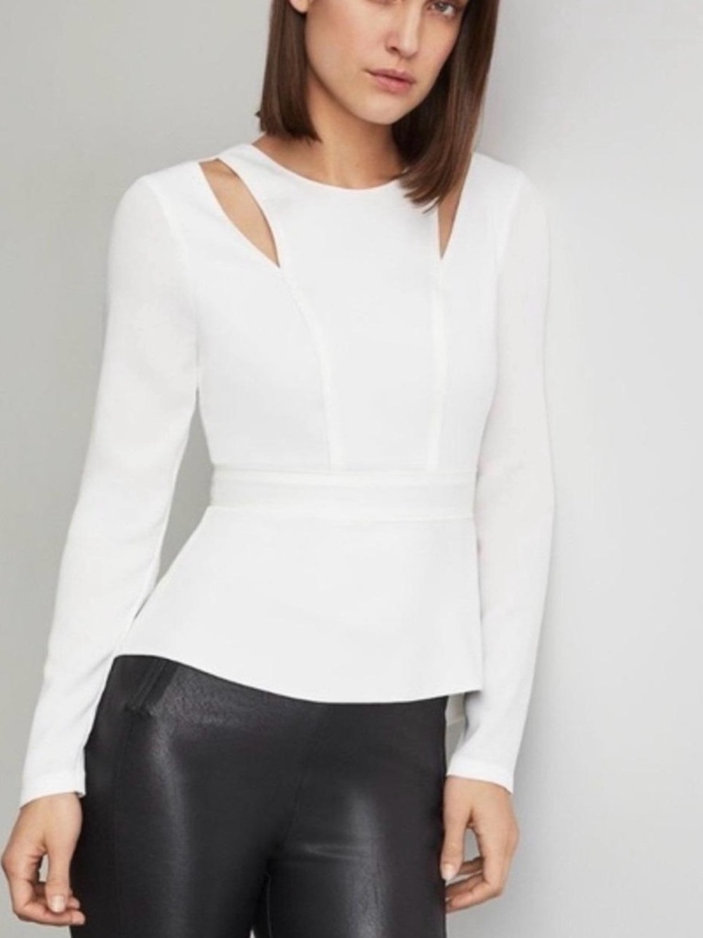 BCBGMaxAzria White Long-Sleeve Cutout Peplum Top